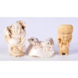 TWO 19TH CENTURY JAPANESE MEIJI PERIOD CARVED IVORY NETSUKES together with another netsuke. Largest