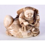 A GOOD 19TH CENTURY JAPANESE MEIJI PERIOD CARVED IVORY NETSUKE modelled as a boy riding upon a male.