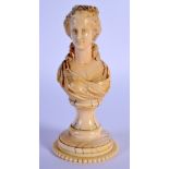 A 19TH CENTURY EUROPEAN DIEPPE CARVED IVORY FIGURE OF A FEMALE modelled upon a circular base. 13 cm
