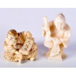 TWO 19TH CENTURY JAPANESE MEIJI PERIOD CARVED IVORY NETSUKE one modelled as a man with scroll. Large