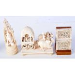 THREE 19TH CENTURY ANGLO INDIAN CARVED IVORY ITEMS in various forms and sizes. Largest 11 cm x 9 cm.
