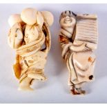 TWO 19TH CENTURY JAPANESE MEIJI PERIOD CARVED IVORY NETSUKES one modelled holding fruit, the other h