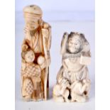 A 19TH CENTURY JAPANESE MEIJI PERIOD CARVED IVORY NETSUKE together with a larger okimono. Largest 8