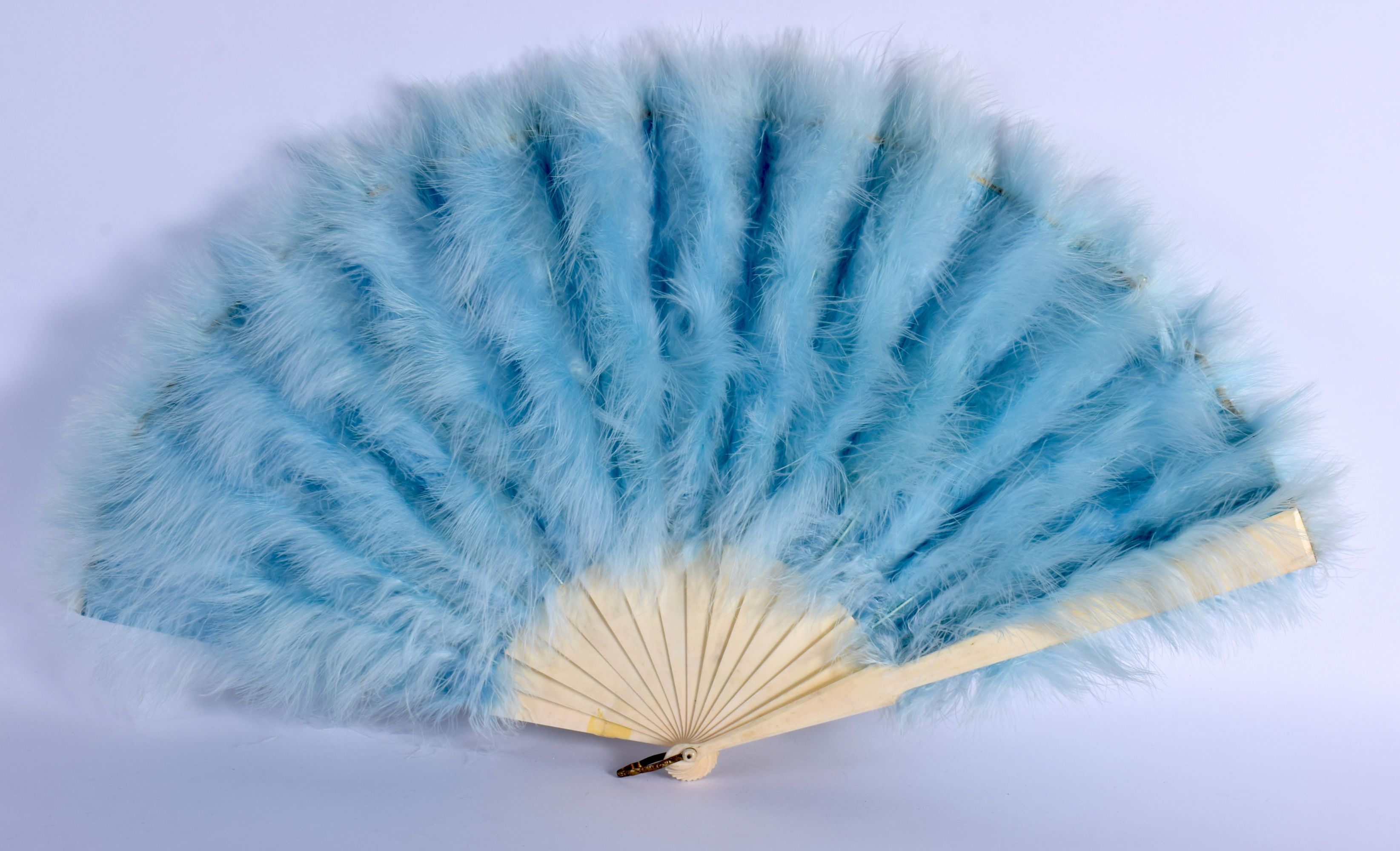 A LATE 19TH CENTURY EUROPEAN IVORY AND BLUE FEATHER FAN C1880. 54 wide extended.