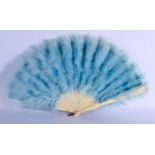 A LATE 19TH CENTURY EUROPEAN IVORY AND BLUE FEATHER FAN C1880. 54 wide extended.