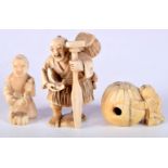 THREE 19TH CENTURY JAPANESE MEIJI PERIOD CARVED IVORY NETSUKES in various forms. 4.5 cm x 3 cm. (3)