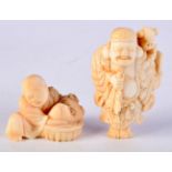 AN 18TH CENTURY JAPANESE EDO PERIOD CARVED IVORY NETSUKE together with a Meiji period ivory netsuke.