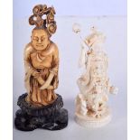 TWO 19TH CENTURY CHINESE CARVED IVORY FIGURES one holding a lingzhi fingus. Largest 14 cm high. (2)