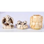 THREE 19TH CENTURY JAPANESE MEIJI PERIOD CARVED IVORY NETSUKES in various forms. 4.5 cm x 3 cm. (3)