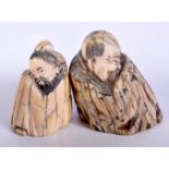TWO 19TH CENTURY CHINESE CARVED MAMMOTH IVORY FIGURES OF SCHOLARS. Largest 5.5 cm x 5.5 cm. (2)