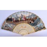 A FINE LATE 18TH CENTURY EUROPEAN CHINOSERIE FAN with carved and gilded sticks. 48 cm wide extended.