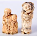 TWO 19TH CENTURY JAPANESE MEIJI PERIOD CARVED IVORY NETSUKES in various forms. Largest 6 cm x 3 cm.