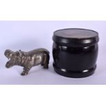 AN ANTIQUE RUSSIAN BLACK LACQUER BOX AND COVER together with a silver plated hippo. Largest 10 cm x