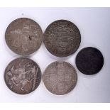 FOUR SILVER CROWNS AND ONE SILVER FLORIN. 3.8cm diameter, total weight 117.5g (5)