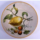 A RARE 19TH CENTURY ITALIAN CANTAGALLI TIN GLAZED PLATE painted with fruits. 21.5 cm diameter.