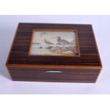 ALFRED DUNHILL WOODEN CIGARETTE BOX, TOP INSET WITH AN OIL ON WATERCOLOUR OF SNIPE. 18cm x 13cm x 5