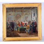 A 19th Century framed oil on canvas of a Kings court bearing an indistinct signature 51 x 55 cm