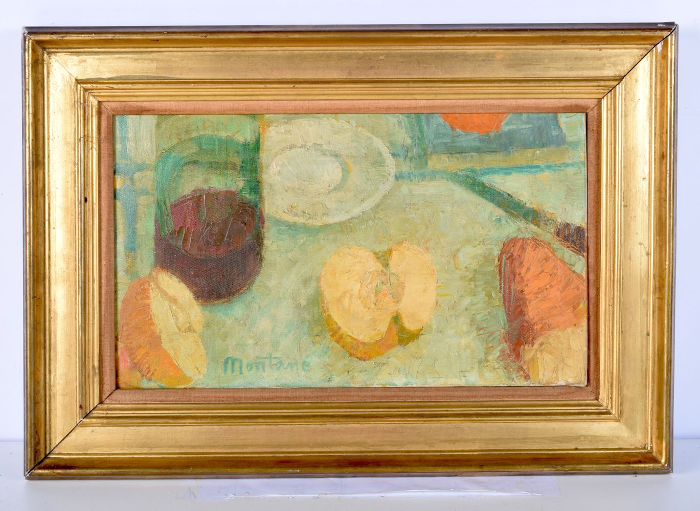 Roger Montane (1916- 2002) Framed Oil on Canvas " La Pomme Coupee) 27 x 46 cm.