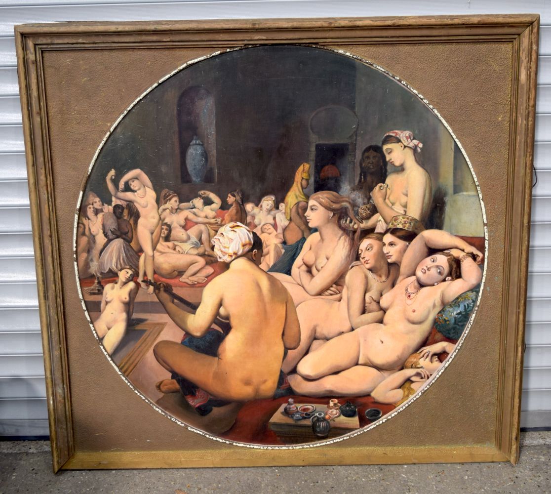 A large late 19th Century framed oil on board of a harem 138 cm