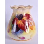 ROYAL WORCESTER VASE WITH PIE CRUST RIM PAINTED WITH AUTUMNAL LEAVES AND BERRIES BY KITTY BLAKE SIGN