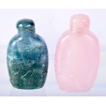A CHINESE PINK QUARTZ SNUFF BOTTLE TOGETHER WITH A SMALLER JADE SNUFF BOTTLE. Largest 6.7cm x 3.7cm