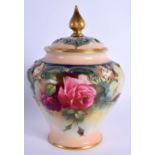 ROYAL WORCESTER POT POURRI AND COVER MOULDED WITH COLOURED CLAYS IN HADLEY STYLE PAINTED WITH ROSES