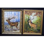 A framed wool needle point picture of a Stag together with another stag needle point picture 46 x 35