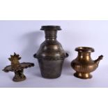 THREE 19TH CENTURY INDIAN BRONZE VESSELS. Largest 28 cm high.