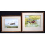 A framed watercolour by Gordon F Wright of Douglas Bader~s spitfire together with a watercolour of a