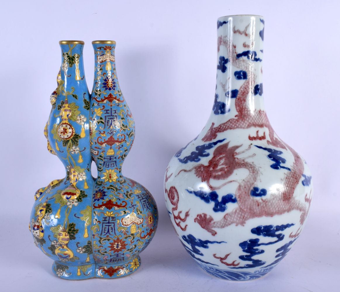 A CHINESE IMITATION CLOISONNE CONJOINED VASE 20th Century, together with a red painted dragon vase.