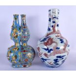 A CHINESE IMITATION CLOISONNE CONJOINED VASE 20th Century, together with a red painted dragon vase.