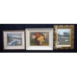 A framed Oil on canvas by Kathleen Allan "The harbour", together with a still life oil of flowers an