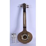 A RARE ANTIQUE BRASS MOUNTED BANJO FORM NOVELTY BAROMETER decorated with foliage. 43 cm x 15 cm.