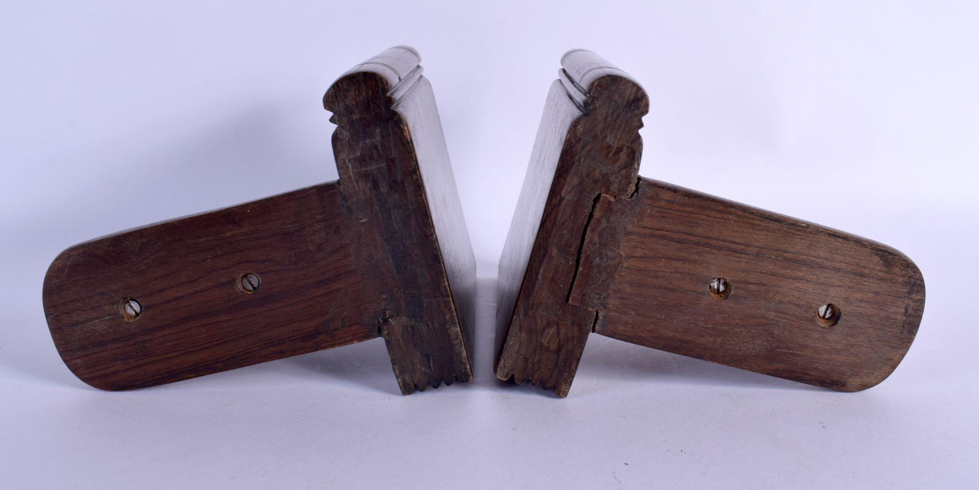 A PAIR OF EARLY 20TH CENTURY TRIBAL AFRICAN BOOK ENDS formed as head rests. Each 16 cm x 12 cm. - Image 3 of 3