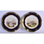 MID 19TH C. COALPORT PAIR OF HEXAFOIL PLATES PAINTED WITH LOCH VIEWS LOCH ACHRAY AND LOCH INVERLOCH