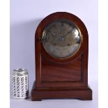 A MAHOGANY MANTEL CLOCK with silvered dial. 35 cm x 15 cm/