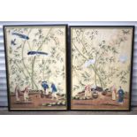 A pair of large Chinese framed prints depicting farmers working the fields and birds 108 x 75 cm (2