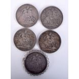 FIVE SILVER CROWNS (1 MOUNTED AS A PENDANT). 3.8cm diameter, total weight 143.2g (5)