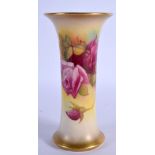ROYAL WORCESTER TRUMPET SHAPED VASE WITH WAISTED SIDES PAINTED WITH ROSES BY MILLIE HUNT, SIGNED DAT