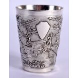A CONTINENTAL WHITE METAL BEAKER DECORATED WITH ASIAN SCENE. Stamped Argent, 7.2cm x 5.5cm, weight