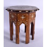 AN ANTIQUE MIDDLE EASTERN LIBERTY STYLE BONE INLAID TABLE by the Ohri brothers. 30 cm x 30 cm.
