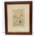 A framed 18th century road map Aylesford to Ringwood by 19 x 13 cm .