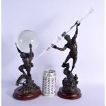 TWO CONTEMPORARY BRONZED AND GLASS SCULPTURES modelled Zeus & Atlas. Largest 35 cm high. (2)