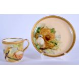 ROYAL WORCESTER FINE COFFEE CUP AND SAUCER PAINTED WITH BIRDS AND THEIR NESTS BY DAVID BATES, DATED