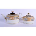A LATE 18TH CENTURY ENGLISH SILVER MOUNTED PORCELAIN TEAPOT together with a matching sucrier and cov