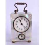 AN ART DECO MOTHER OF PEARL CARRIAGE CLOCK. 10 cm high inc handle.