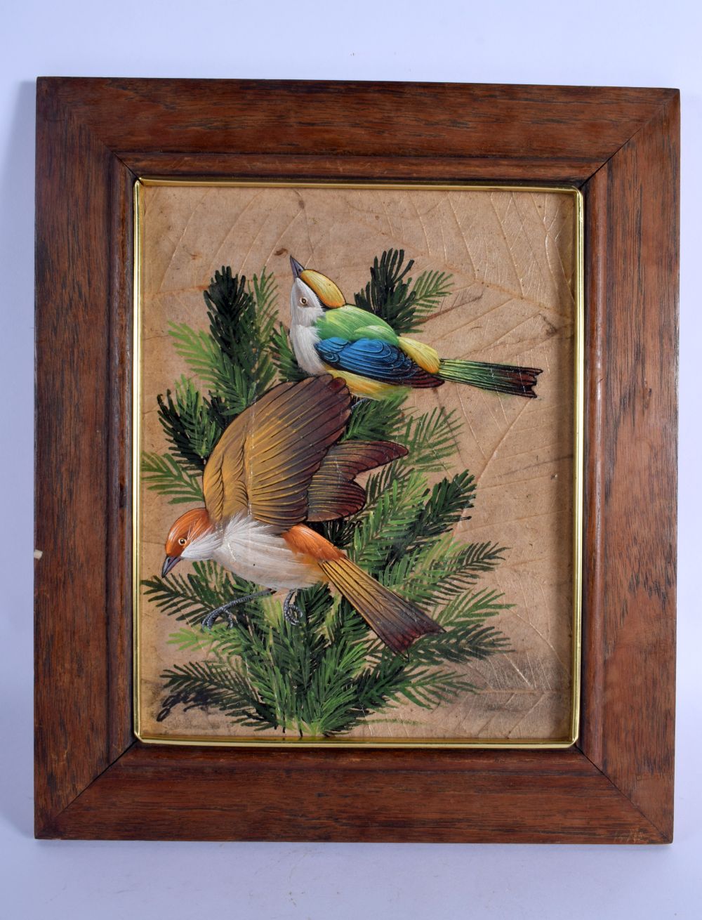 Indian School (C1910) Oil painting on leaf, pair of birds. 36 cm x 22 cm.