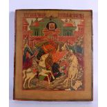 AN ANTIQUE PAINTED RUSSIAN WOOD ICON. 30 cm x 27 cm.