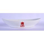 A FRENCH LOUIS PHILIPPE SEVRES PORCELAIN OVAL DISH with red monogram. 27 cm x 11 cm.