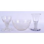 TWO ANTIQUE GLASSES together with an engraved deer bowl. Largest 12.5 cm diameter. (3)